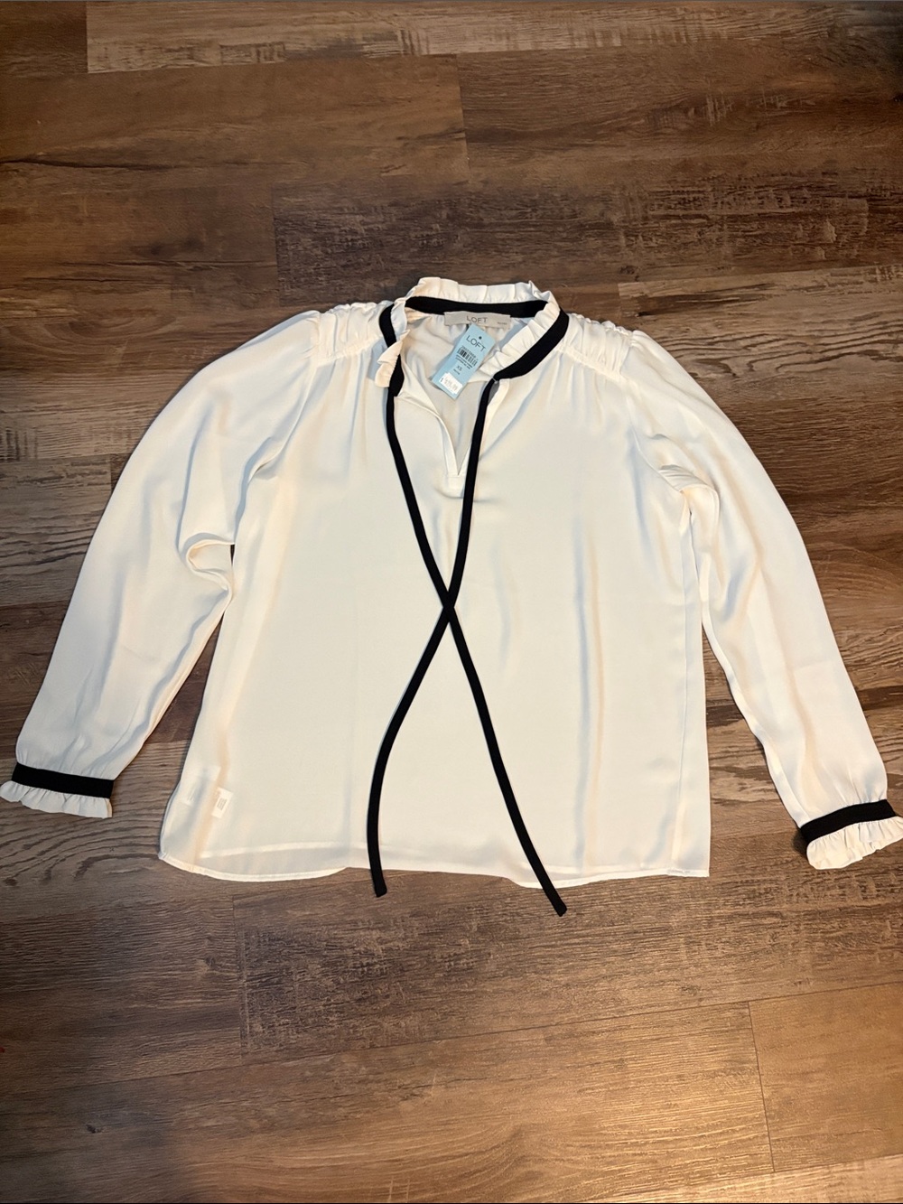 LOFT white Blouse with Black Trim and Tie